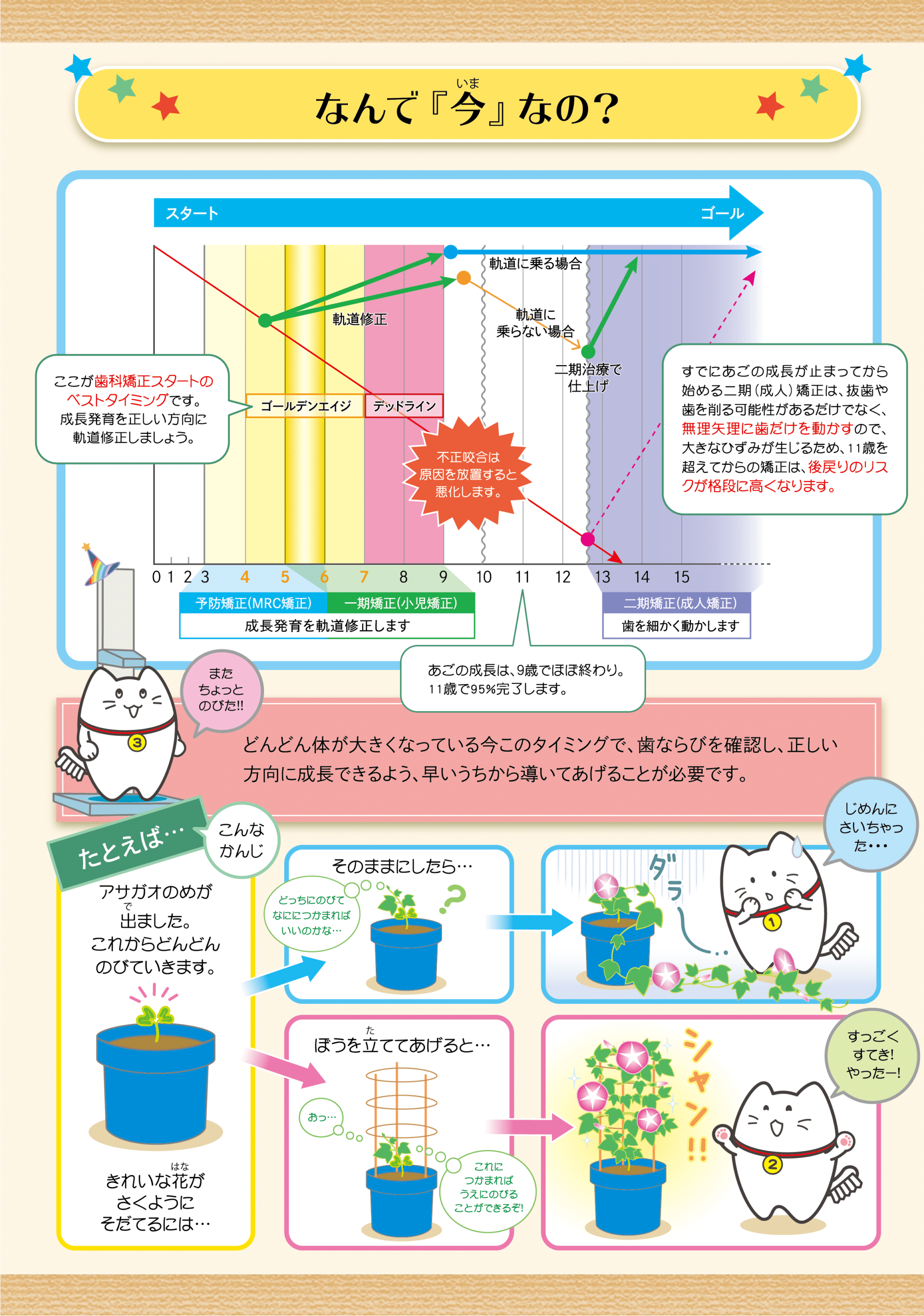 子ども歯並び説明イラスト06_小児期からの矯正が重要な理由を示すイラスト。顎の成長期を利用して不正咬合を原因から改善し、後戻りリスクを低減できる小児矯正のメリットを解説