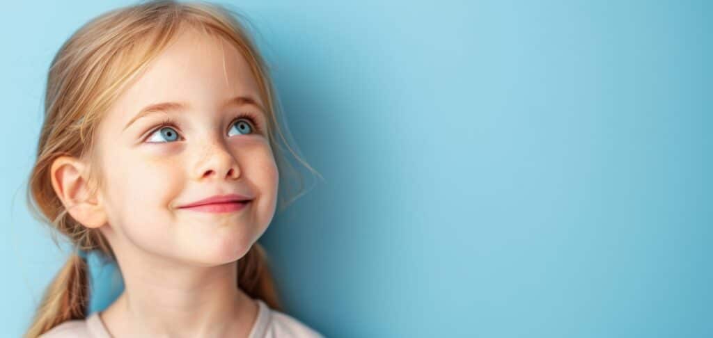 A young girl with blonde hair and blue eyes